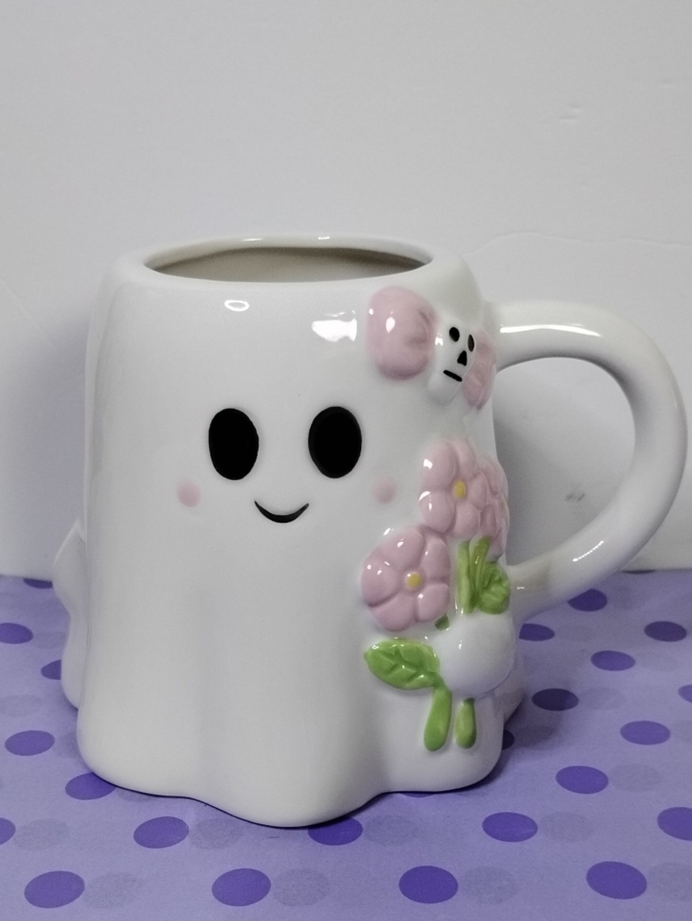 Sculpted Girl Ghost Ceramic Coffee Mug Pink Bow Flowers Summerween Ghostie
